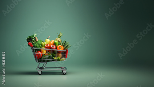 Einkaufwagen mit vielen Obst und Gemüse mit grünen Hintergrund, ai generativ photo