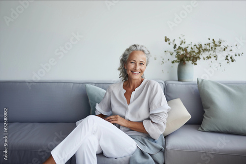 Smiling middle aged woman sitting on sofa at home, single mature senior in living room photo