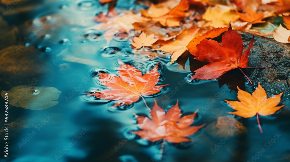 Colorful autumn leaves floating in pond or lake water. Autumn leaves in a rain puddle during a sunny day. October weather and November nature background.

Generative AI.