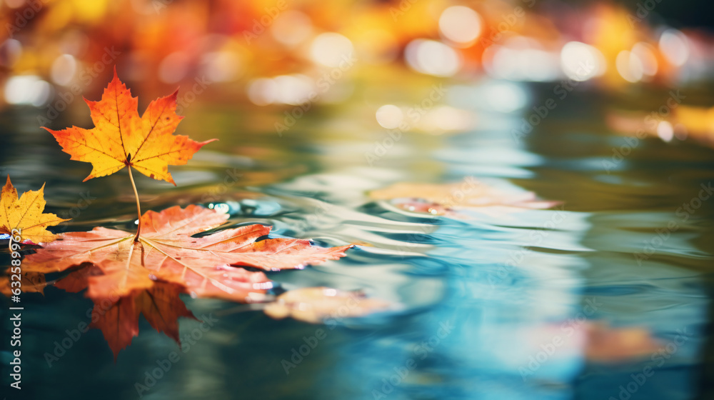 Colorful autumn leaves floating in pond or lake water. Autumn leaves in a rain puddle during a sunny day. October weather and November nature background.

Generative AI. - obrazy, fototapety, plakaty 