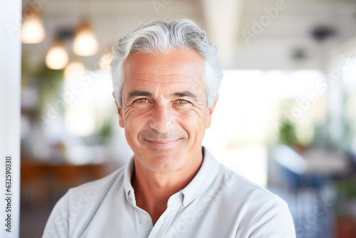 Happy middle aged man smiling and looking at camera, lifestyle portrait. A man in light clothes