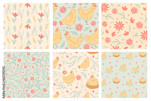 Cute Farm Chickens Vector Semless Patterns: Versatile and Charming Illustrations for Greeting Cards, Invitations, Wallpapers, Crafts, and Creative Projects - High-Quality Royalty. Floral, flowers