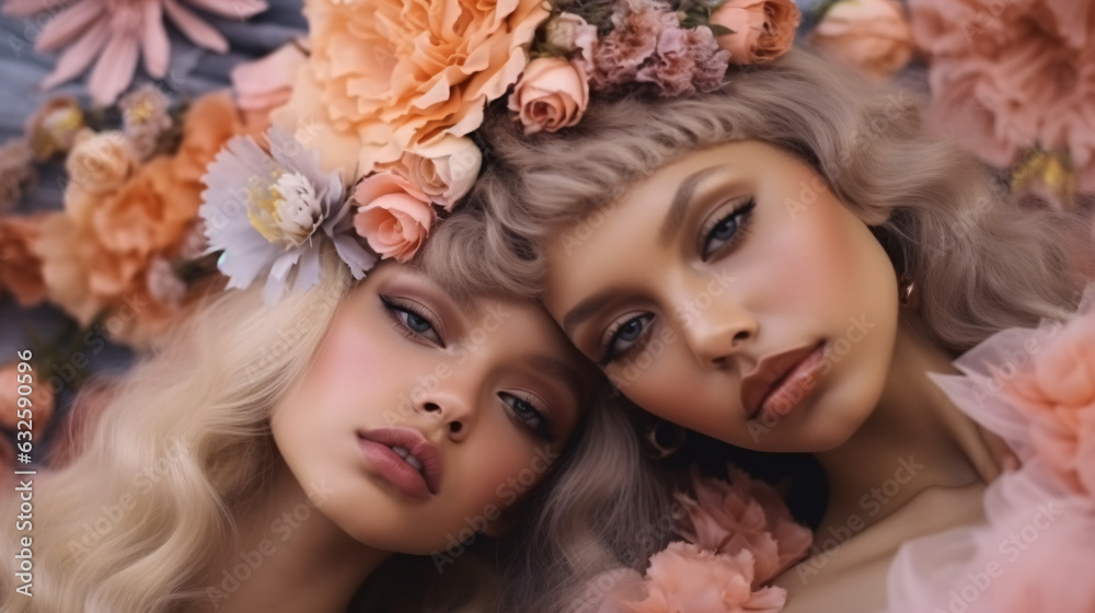 The elegant fashion women are enveloped by vibrant flowers and feathers, showcasing surreal fashion photography. These multi-racial young women are adorned with makeup. Girls are garbed in decorative 