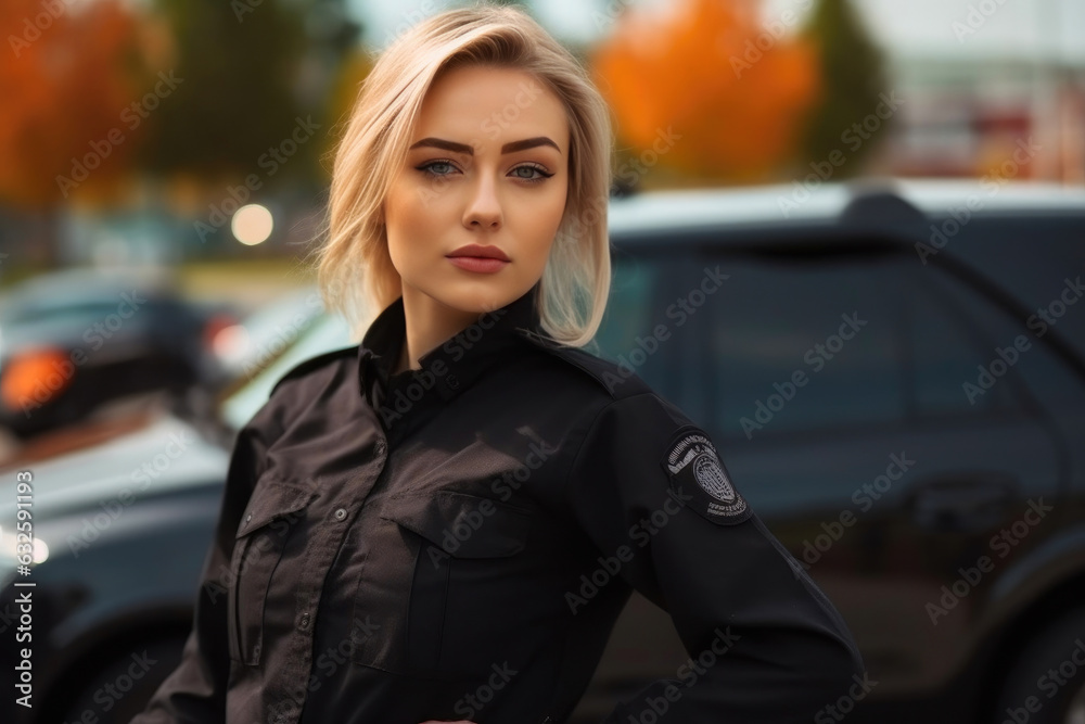 Confident Young Female Armed Security Guard in Black Uniform