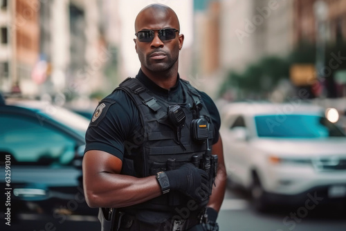 Confident African-American Security Guard Patrolling the Street