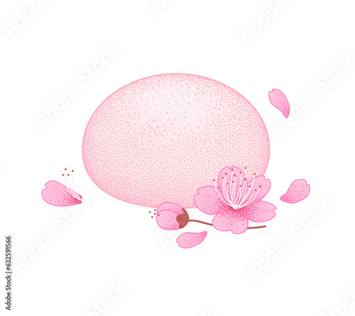 Mochi pink on white background with sakura flower and petals. Japanese traditional sweet soft dessert. Ball of rice flour with bean paste. Bento mochi dish. Vector illustration, healthy sweet snack.