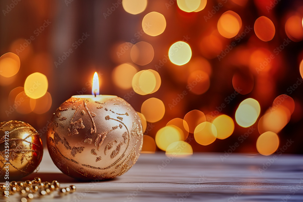 Round golden burning candle on a wooden board against a blurred background with bokeh circles, selective focus, banner, background, made with generative ai Round golden burning candle on a wooden board against a blurred background with bokeh circles, selective focus, banner, background, made with generative ai