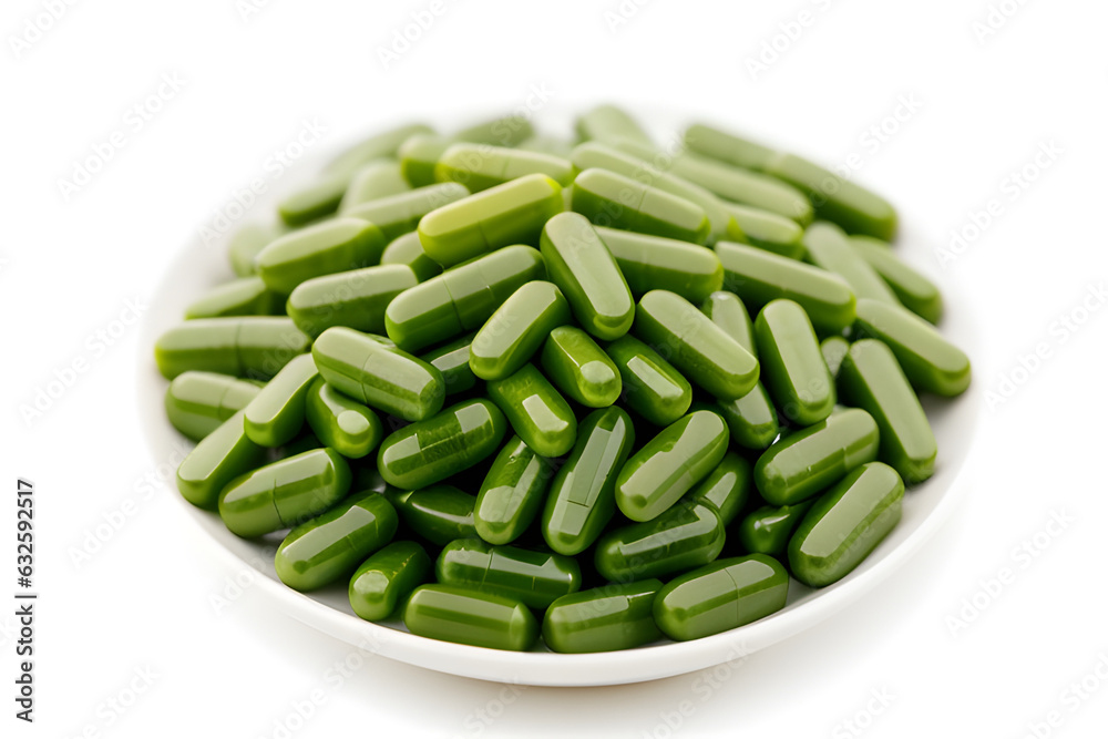 Medicinal capsules from moringa on white background. Dietary supplement, detox. Side view Medicinal capsules from moringa on white background. Dietary supplement, detox. Side view