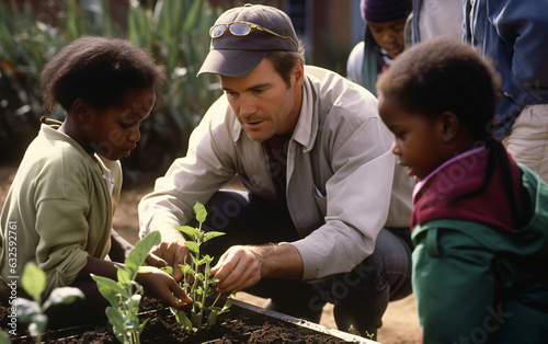 School teacher man in school garden with african american diversity children doing gardening, back to school concept