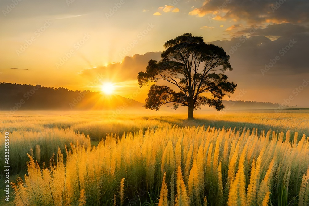 Obraz premium Abstract soft focus sunset field landscape of yellow flowers and grass meadow warm golden hour sunset sunrise time