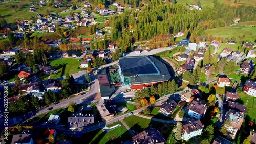 Aerial view of the Ice Stadium in Cortina d'Ampezzo, Veneto, Italy