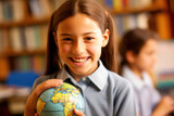 Enthusiastic Kid with Two Pigtails Holding a Globe