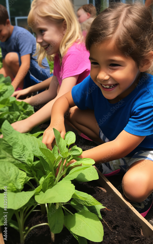 Children in the school garden doing gardening, back to school concept