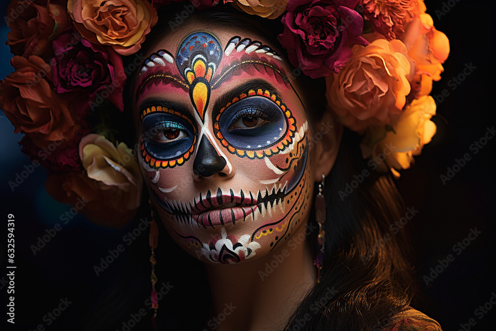 Create a visually striking scene of adults gathering around a grand Day of the Dead altar, with their beautifully designed makeup as a tribute to the departed.