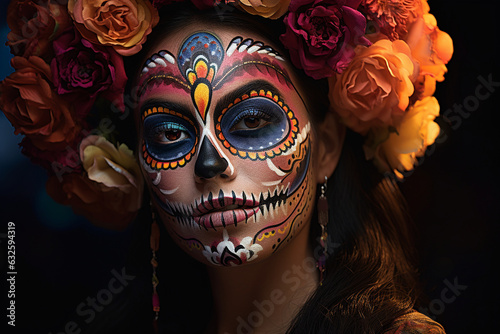 Create a visually striking scene of adults gathering around a grand Day of the Dead altar  with their beautifully designed makeup as a tribute to the departed. 