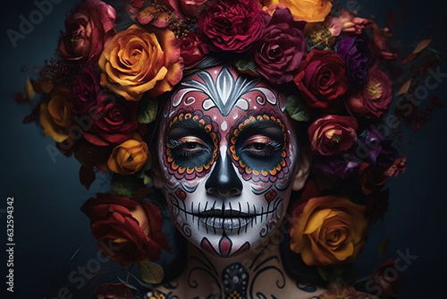 Create a visually striking scene of adults gathering around a grand Day of the Dead altar  with their beautifully designed makeup as a tribute to the departed. 