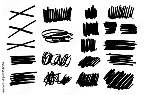 Colección de trazos vectorizados realizados con rotulador gordo, trazos reales hechos a mano con formas variadas, trazos vectoriales en color negro, recurso de diseño con trazos sueltos y energicos