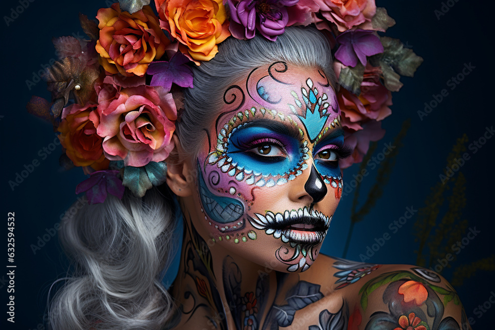 Create a visually striking scene of adults gathering around a grand Day of the Dead altar, with their beautifully designed makeup as a tribute to the departed.