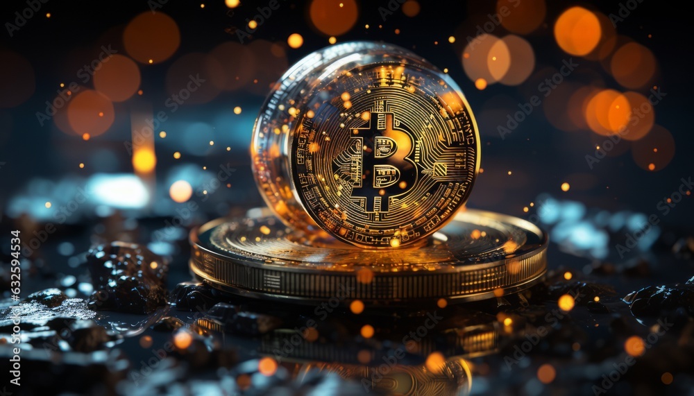 bitcoin glittering with highlights on a black glossy surface 