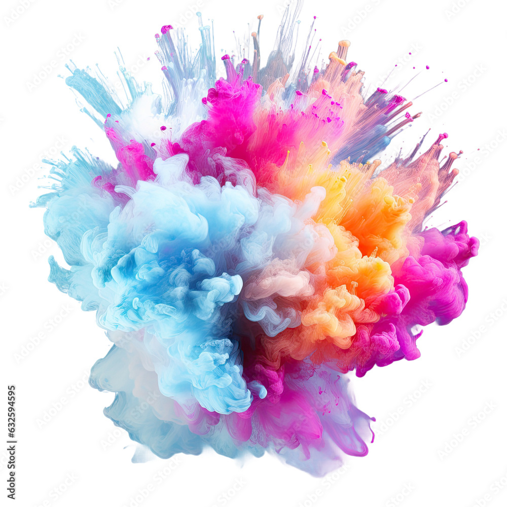 Colorful dust exploding in a Holi paint cloud over a transparent background