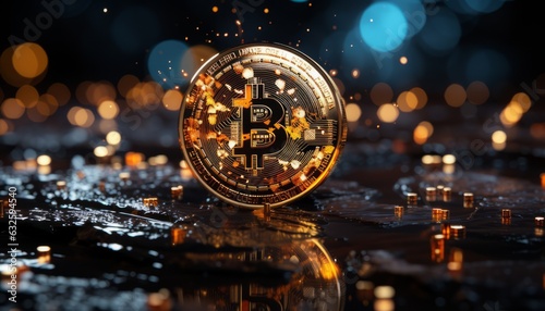 bitcoin glittering with highlights on a black glossy surface 