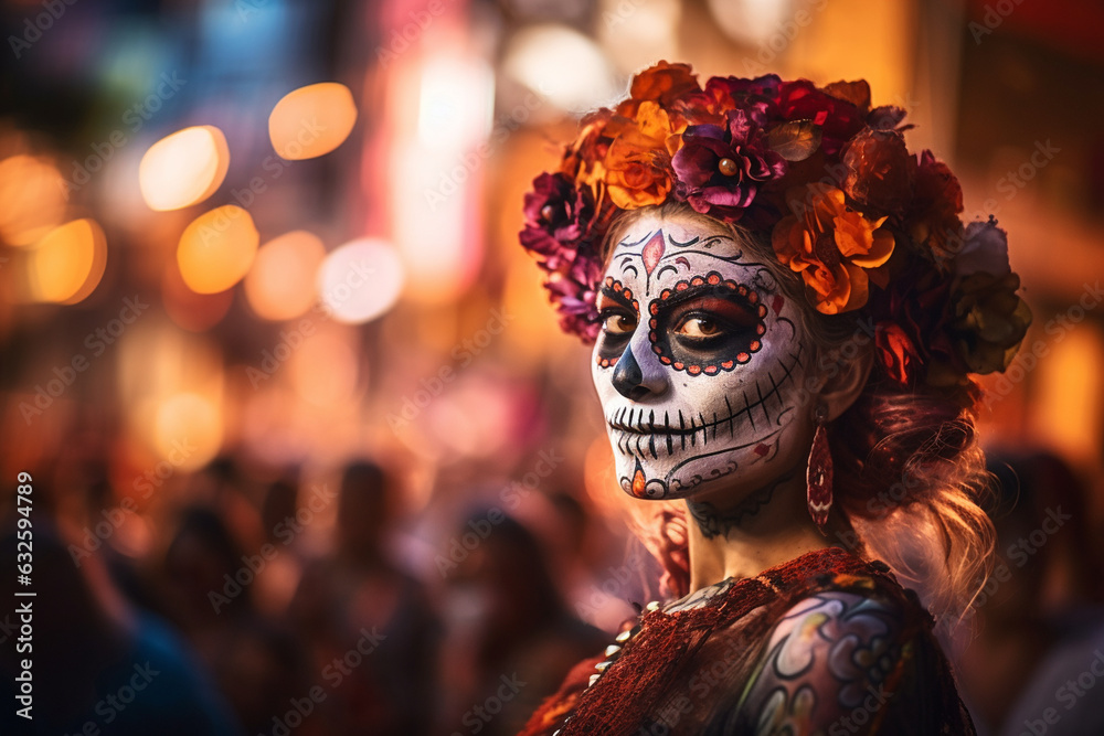 Create a visually striking scene of adults gathering around a grand Day of the Dead altar, with their beautifully designed makeup as a tribute to the departed.