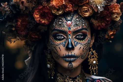 Create a visually striking scene of adults gathering around a grand Day of the Dead altar, with their beautifully designed makeup as a tribute to the departed."