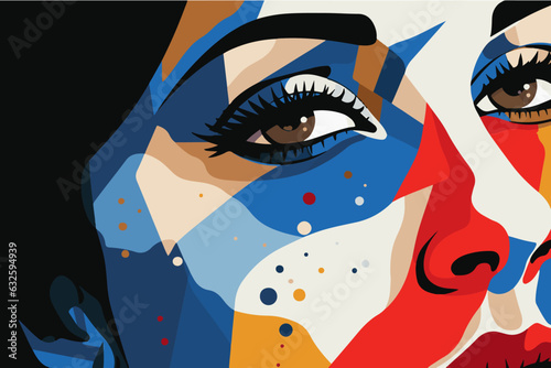 Woman close-up portrait made of blue, white and red color blots. Young female sports fan with her face painted