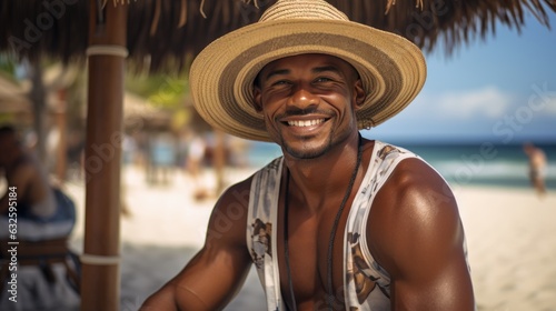African American healthy man with hat, person on beach.