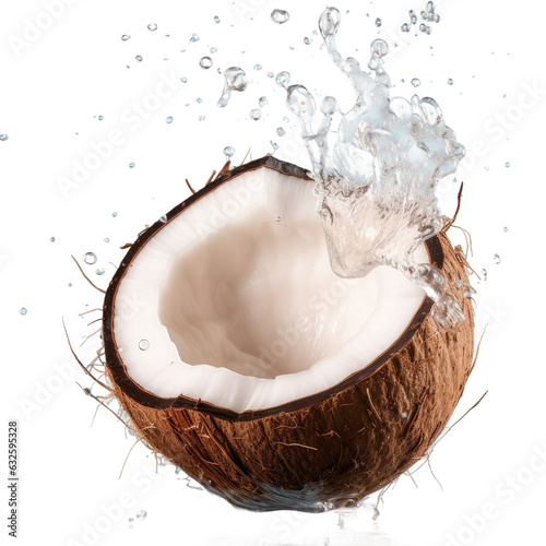 Water jet sprays coconut on transparent background photo