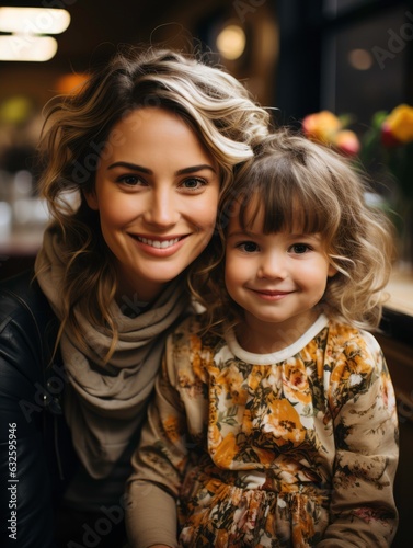 Joint photo of mother and daughter in a café. Generated by AI