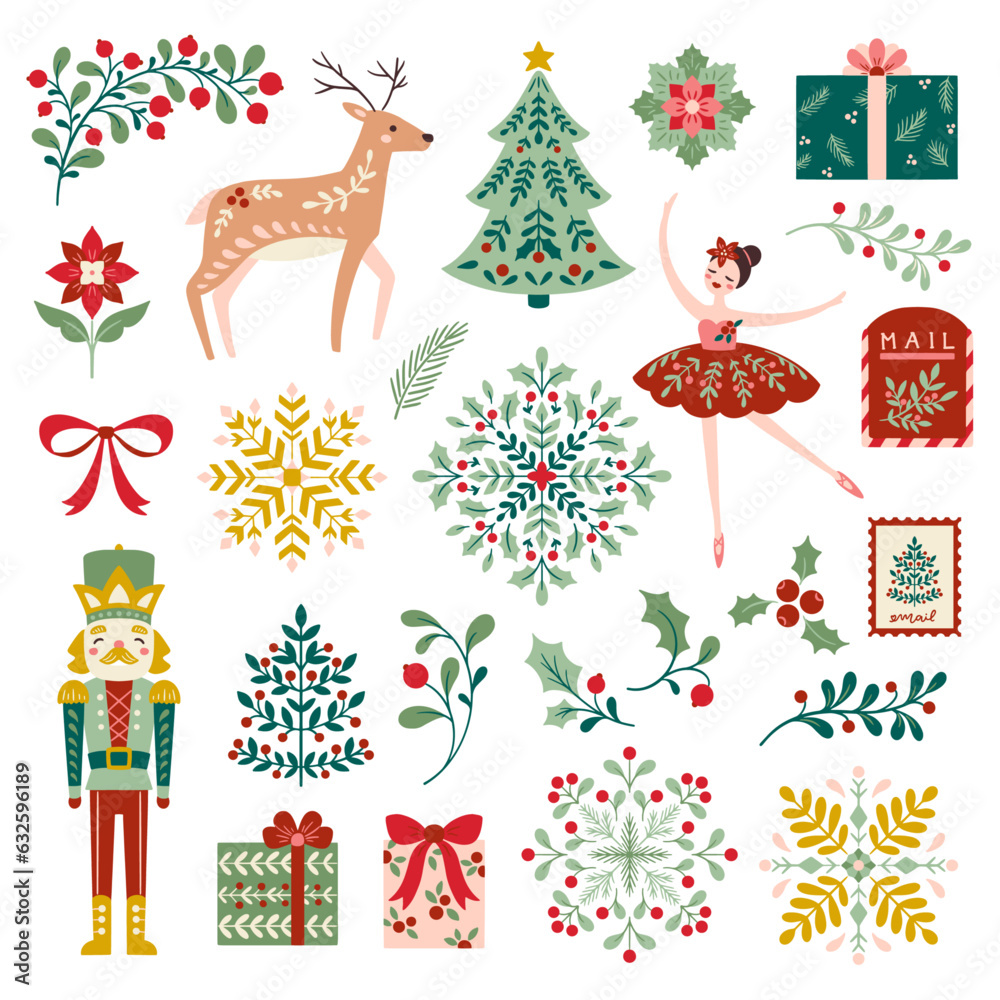 Vector Christmas folk art ornaments illustration set - obrazy, fototapety, plakaty 