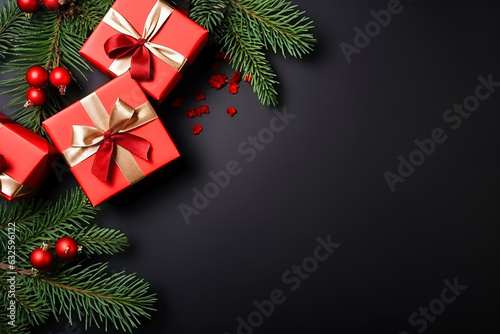 Gift boxes and Christmas decorations on a dark background. Christmas tree branches and cones. Festive frame for a greeting card. Space for copy. © Anoo