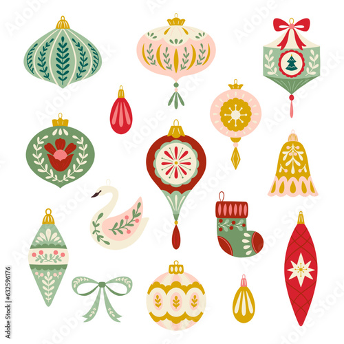 Vector Christmas folk art ornaments illustration set