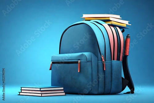 Full school backpack with books isolated on blue background with copy space. Back to School concept. digital 3d rendering