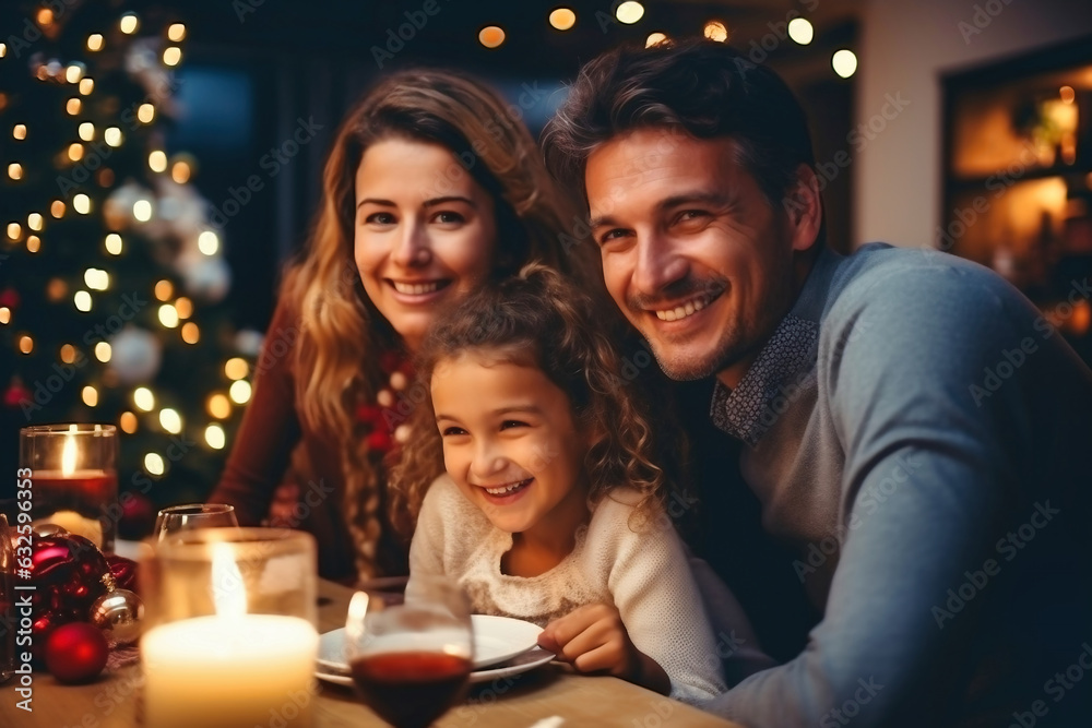 Winter holidays and people concept - happy family at the table celebrating christmas and new year. Home holiday. Blurred background. Selective focus.