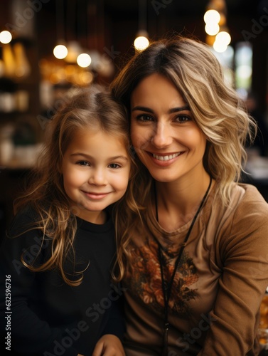 Joint photo of mother and daughter in a café. Generated by AI
