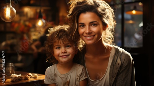 Joint photo of mother and daughter in a caf  . Generated by AI