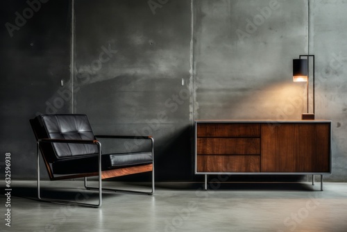 Harmonizing Bauhaus Furniture and Eco-Brutalism: A Minimalist Fusion grey wall, vintage modernism 70's and 60's.