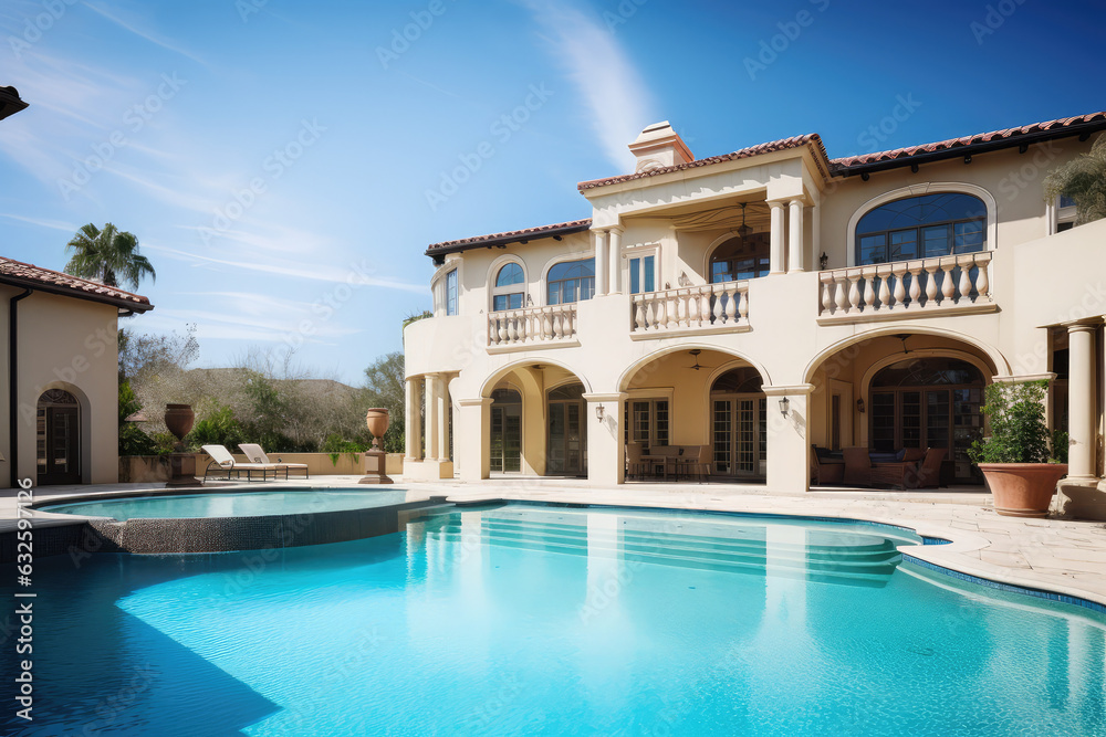 Beautiful home exterior and large swimming pool on sunny day with blue sky. Features series of water jets forming arches