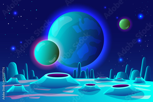Space background and landscape of Planet Surface. Fantastic and Exotic space scene.