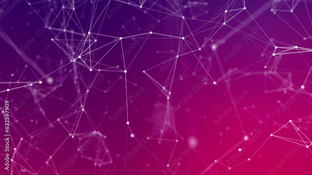 Abstract plexus of moving glowing dots and lines with pink and purple background. Network or digital connection. Technology background. 3d rendering. 4K.