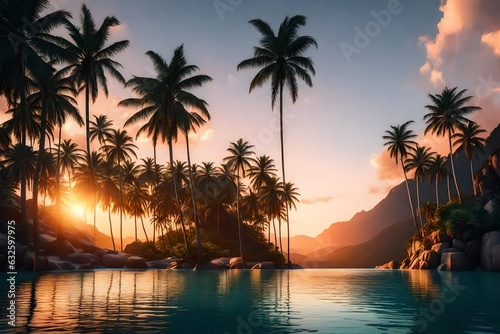 Palm trees against sunset sky  tropical coast with waterfall and mountains on a background  river  lake 3d rendering