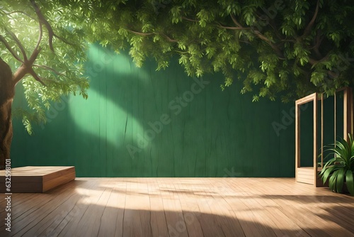 Empty wooden terrace with green wall 3d render  There are wood plank floor with tropical style tree garden background sunlight shine on the tree 3d rendering 