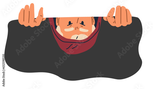 Man spying, peeping from shrub. Person hiding behind bush, sneaking, peeking, watching, looking nosy and waiting. Searching, observing, man secretly regard. Espionage, detective or secret observer