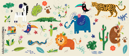 Set of animals Zebra, pelican, turtle, snake, cactus, crocodile, sloth, elephant, leopard, cactus, liana  objects and textures. Hand-drawn art for poster, card or background. Isolated flat vector