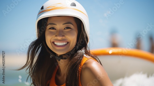 smile of filipino lifeguard woman, beach ocean background. photo