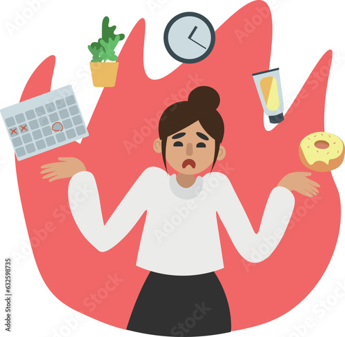 the girl is in a panic against a background similar to fire. there is not enough time for deadlines, does not know how to build a schedule
