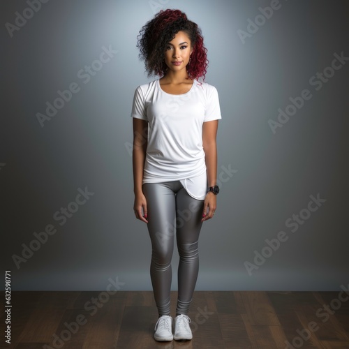 A woman wearing a size 3x stands wearing a white T-shirt and leggings. Generated by AI photo