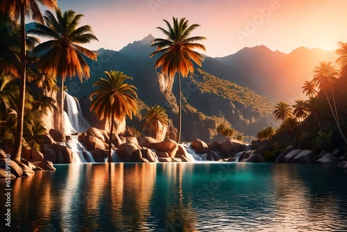 Palm trees against sunset sky  tropical coast with waterfall and mountains on a background  river  lake 3d rendering 